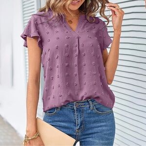 YSYOKOW purple V-neck polyester short sleeve blouse size Large